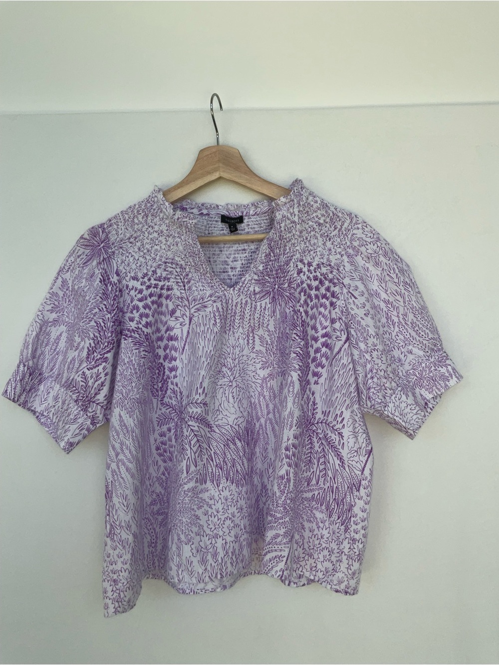 Talbots Smocked Linen blend V-Neck Blouse